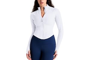 QUEENIEKE Women's Cropped Workout Jackets - Zip Up Long Sleeves Athletic Yoga Slim Fit BBL Running Jacket with Thumb Holes