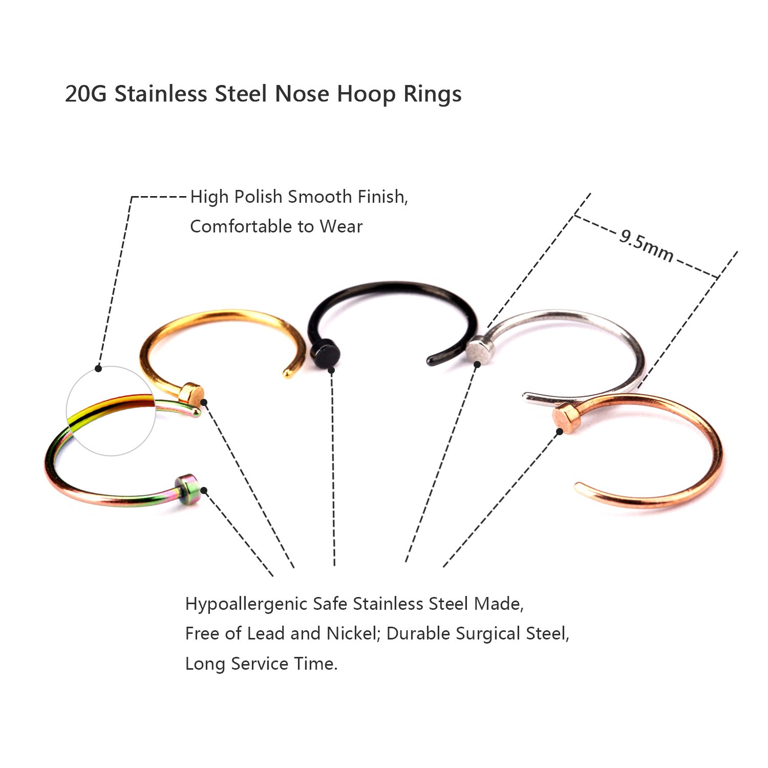 UHIBROS Nose Ring Hoop, 5 Pcs a Set 316L Stainless Steel Nose Rings Hoop Nose Piercing Body Jewelry,Unisex (Sliver)