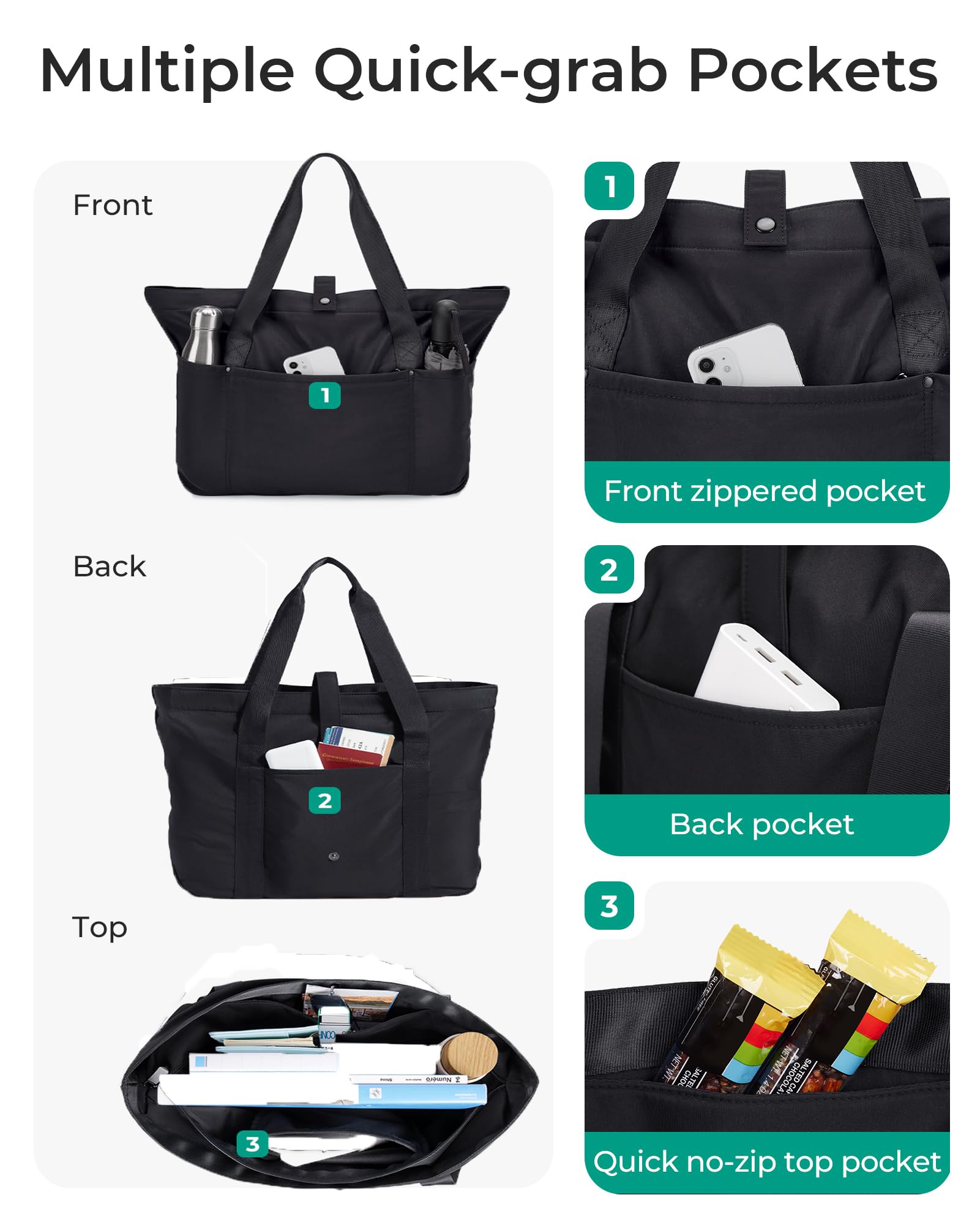 BAGSMART Tote Bag for Women, Foldable Tote Bag With Zipper Travel Large Shoulder Bag Handbag for Work-16.5''l X 6''wx 14''h