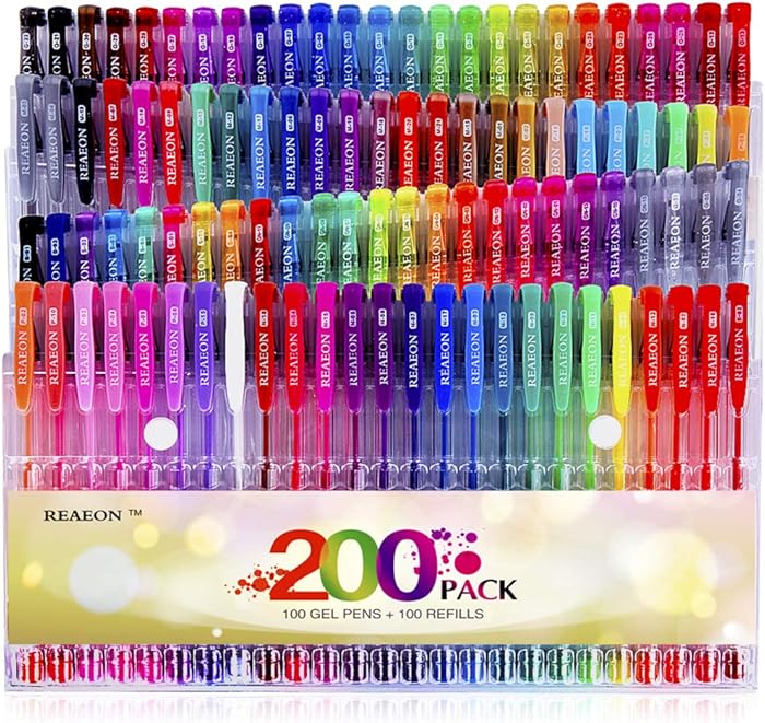 Reaeon Gel Pens for Coloring Books, 100 Color Gel Markers Plus 100 Refills for Drawing Painting Writing, Art & School Supplies