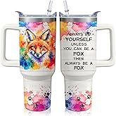 Xchearser 40oz Fox Tumbler with Handle and Straw, Stainless Steel Insulated Cup with Lid and Straw, Travel Coffee Mug Water Bottle, Birthday Mothers Day Gifts for Women Men Animal Lovers