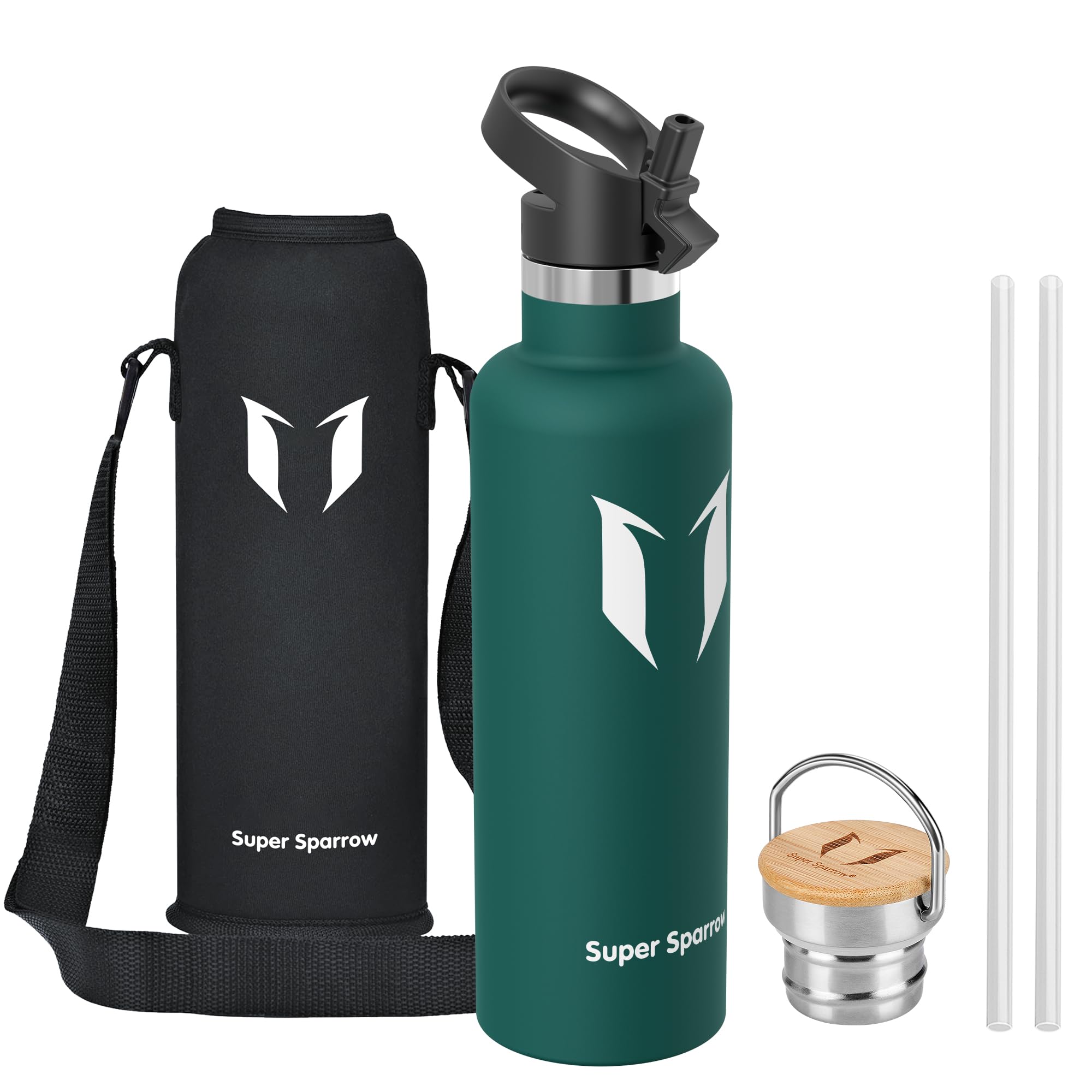 Super Sparrow Water Bottle Stainless Steel - 1000ml - Insulated Metal Water Bottles - Standard Mouth Flask - BPA Free - Straw Bottle for Work, Gym, Sports - 2 Lids