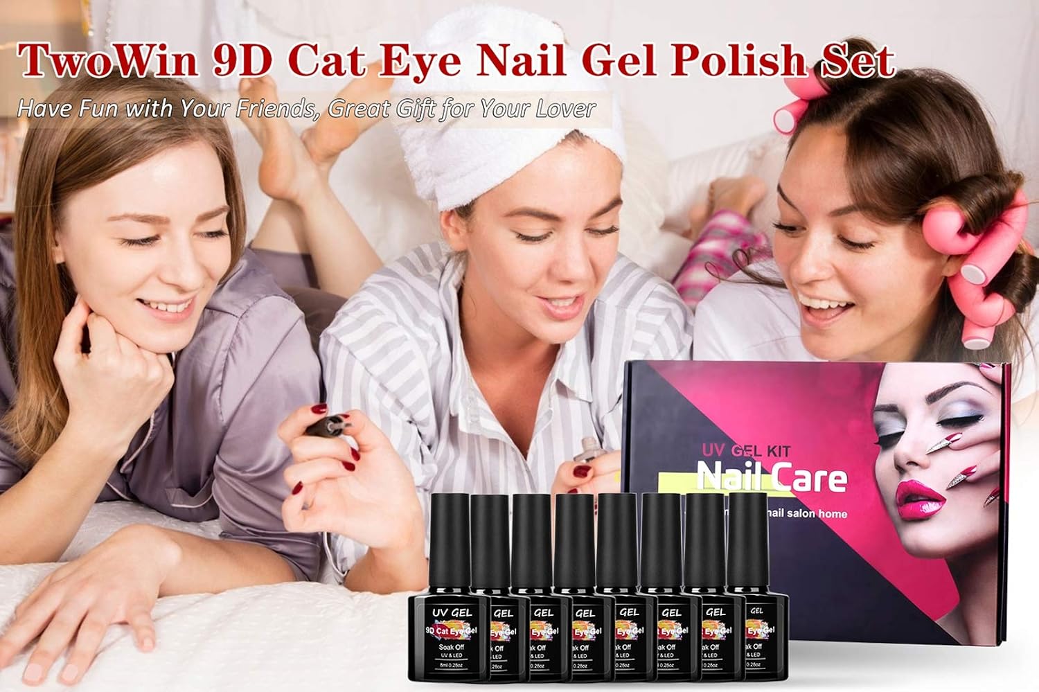 8ml Cat Eye Nagellack Magnetisch Set, TwoWin 9D Magnet Katzenauge Gel 8 Farben UV LED Gel mit Schwarzer, Dunkelblauer Grundfarbe, Decklack & Grundlack, 2 Magnetstifte