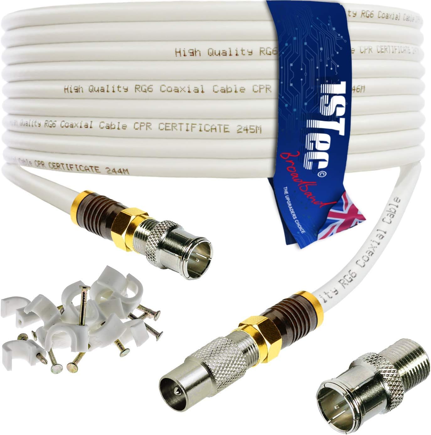 1STec 10m White Virgin Media Quick Fit Male Push On or Over Female F-connector Technetix Isolator IEC Webro Extension Cable for V6 TIVO Set Top Box VIVID Fibre Super Hub Broadband Modems to 10 Metre