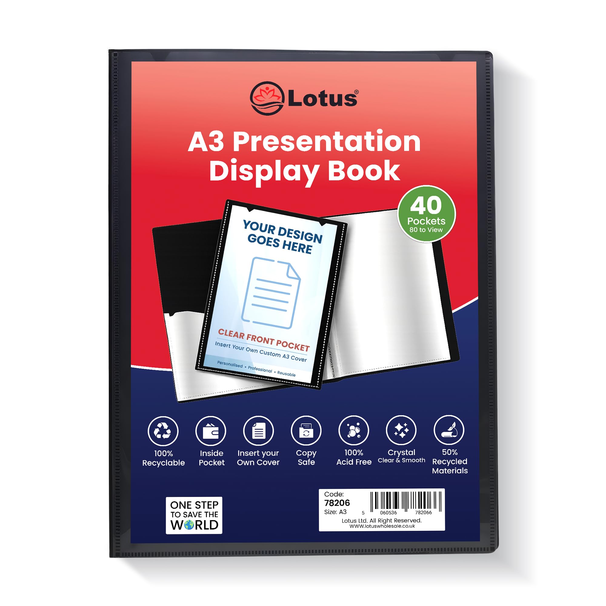 Lotus A3 Display Book - Elegant Black 40-Pocket Presentation Folder for Professionals, Business, Projects, School, Colleges, Home Office Organization and Document Storage - Model 78206 (1 Book)