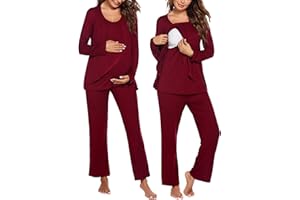 Ekouaer Maternity Nursing Pajama Set Long Sleeve Top & Pants with Pockets Breastfeeding Sleepwear Double Layer Pregnancy