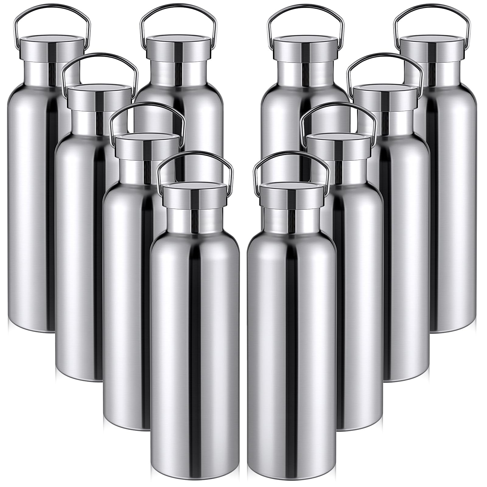 Photo 1 of 10 Pack 17oz Reusable Stainless Steel Water Bottle Bulk Double Wall Insulated Sports Water Bottle with Handle and Vacuum Seal Leakproof Lid for Sports Cyclists Hiking Gym Camping Gift(Silver,25 oz)