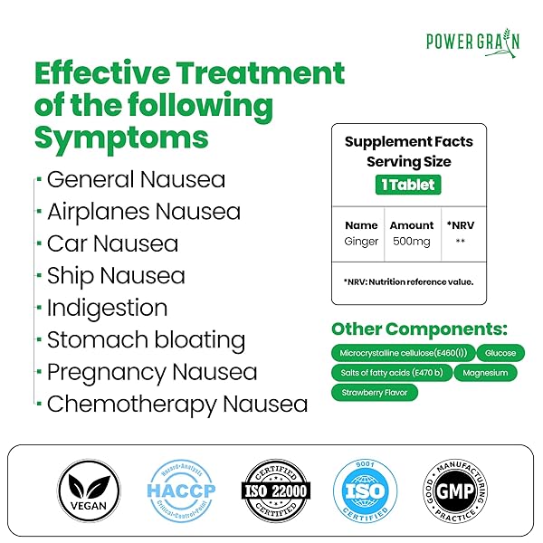 POWER GRAIN TRAVEL AND MOTION SICKNESS TABLETS – 500MG CHEWABLE GINGER RHIZOME TABLETS – NAUSEA AND VOMITING RELIEF – STRAWBERRY FLAVOR -10 TABLETS