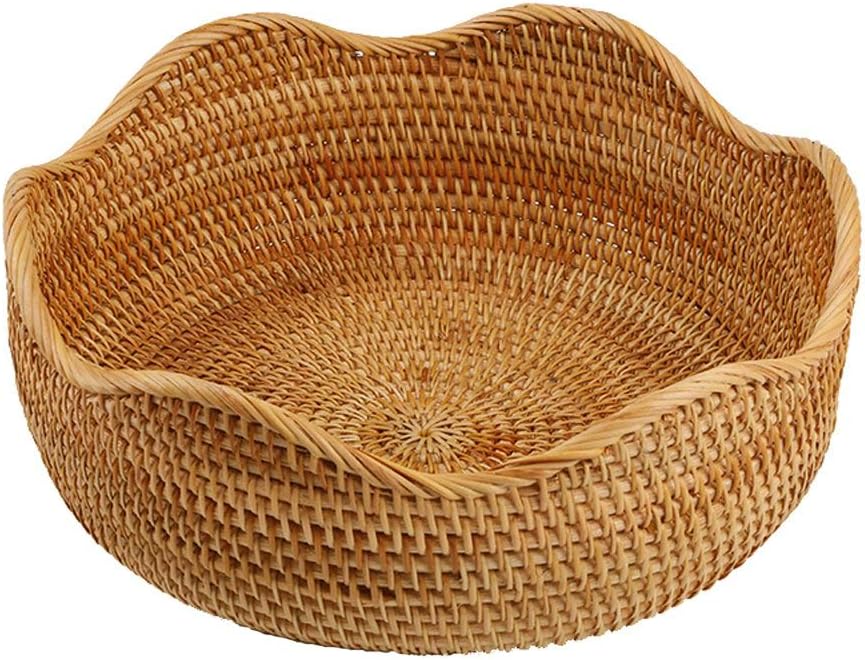 AMOLOLO Handmade Rattan Round Fruit Basket Food Storage Bowls Kitchen Organizer Snack Serving Bowl (Large 11