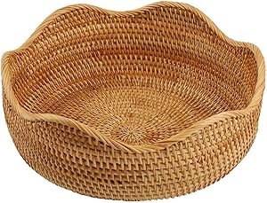 AMOLOLO Handmade Rattan Round Fruit Basket Food Storage Bowls Kitchen Organizer Snack Serving Bowl (Large 11