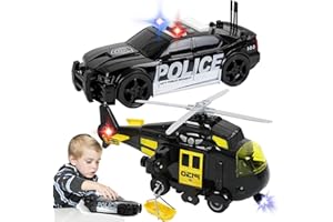 TeganPlay Police Car Toy with Rescue Helicopter Toy for Boys | Emergency Vehicles Toy Set Friction Powered with Realistic Lights and Sounds
