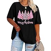 Plus-Size Christmas Shirts Women Merry Christmas Leopard Plaid Tree Print Shirt Holiday Tops Xmas Tee
