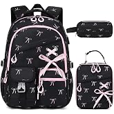 DIGOBAY Backpacks for Girls 3PCS School Backpack Lunch Box Pencil Pouch | Bookbags for Teen Girls Kids, Elementary Primary Middle High School College Travel, Padded Strap, Water-Resistant, Black Bow