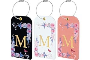 WOSMARTQ 3 Pack Luxury Floral Luggage Tags, Durable PU Leather Suitcase Tags with Stainless Steel Cable Strap, Hidden ID Slot for Privacy Protection, Easy to Identify Waterproof Travel Accessories Gift (M)