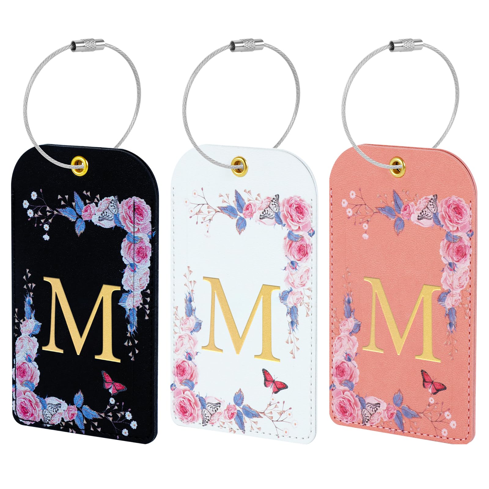 Photo 1 of 3 Pack Luxury Floral Luggage Tags, Durable PU Leather Suitcase Tags with Stainless Steel Cable Strap, Hidden ID Slot for Privacy Protection, Easy to Identify Waterproof Travel Accessories Gift (M)