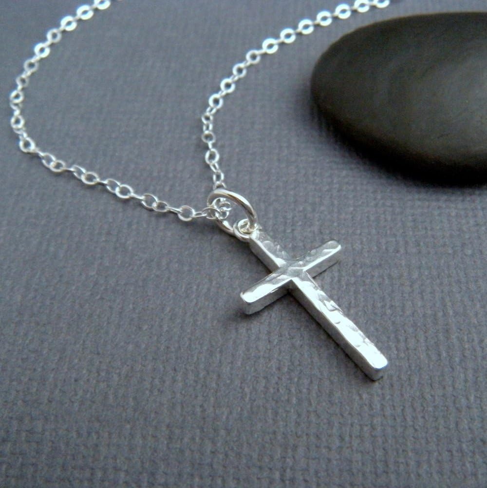 hammered sterling silver cross necklace. small simple cross pendant necklace. 3/4 inch