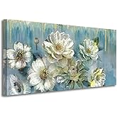 Ardemy Floral Canvas Wall Art for Living Room Large Magnolia White Flower Picture Bedroom Wall Decor Textured Turquoise Painting Modern Artwork Dining Room Kitchen Home Office, 40"x20"