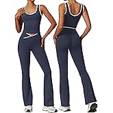 OLCHEE Womens Workout Sets 2 Piece Gym Yoga Outfits Crossover Flare Leggings Crop Tank Top with Contrast Trim