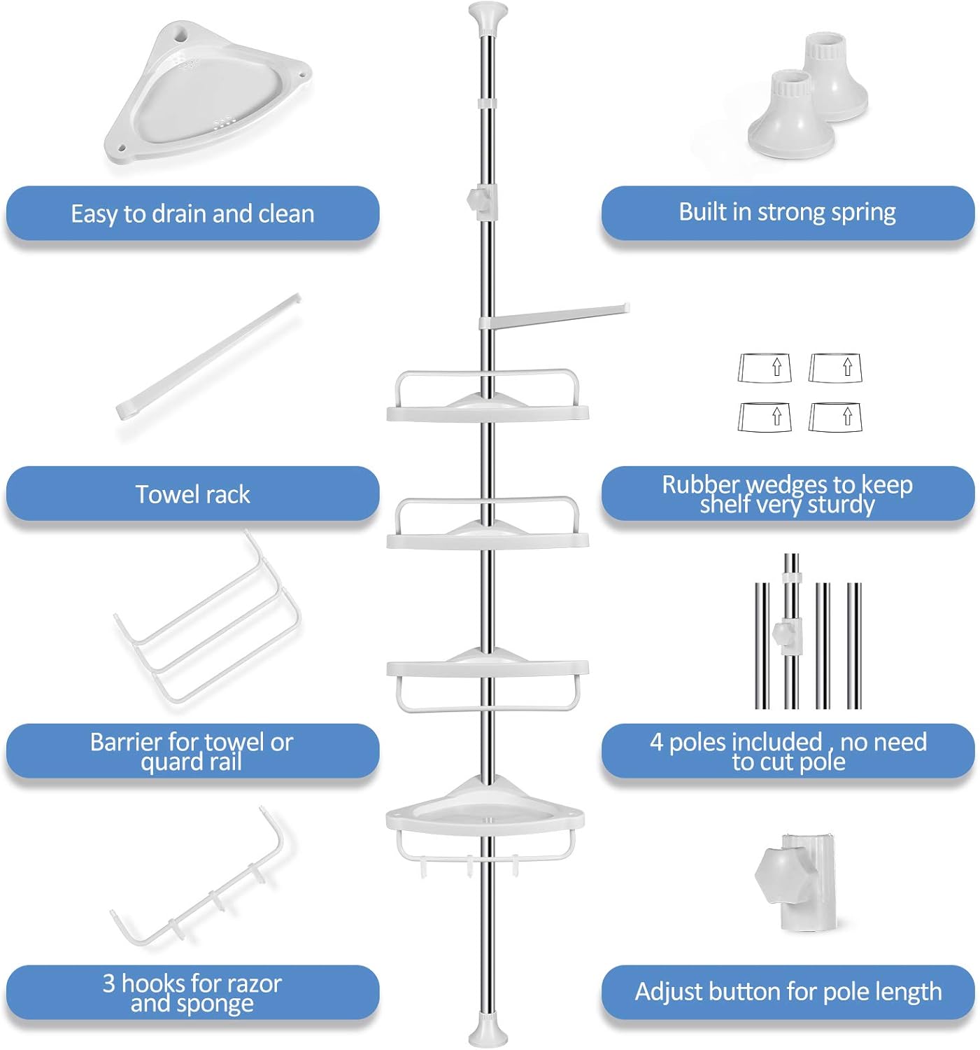 Homemaxs Corner Shower Caddy, 304 Stainless Steel Shower Caddy Tension Pole More Durable, 4-Tier Adjustable Bathroom Shelf with Upgrade Cone Non-Slip Silicone Mat Stable in Bathroom: Home Improvement