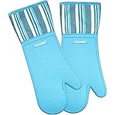 Alselo Oven Mitts Heat Resistant Silicone Kitchen Gloves for 550 Degrees with Waterproof and Non-Silp, Oven Gloves for Baking Cooking Barbecue Microwave Machine Washable (2, Extra Long Sapphire)