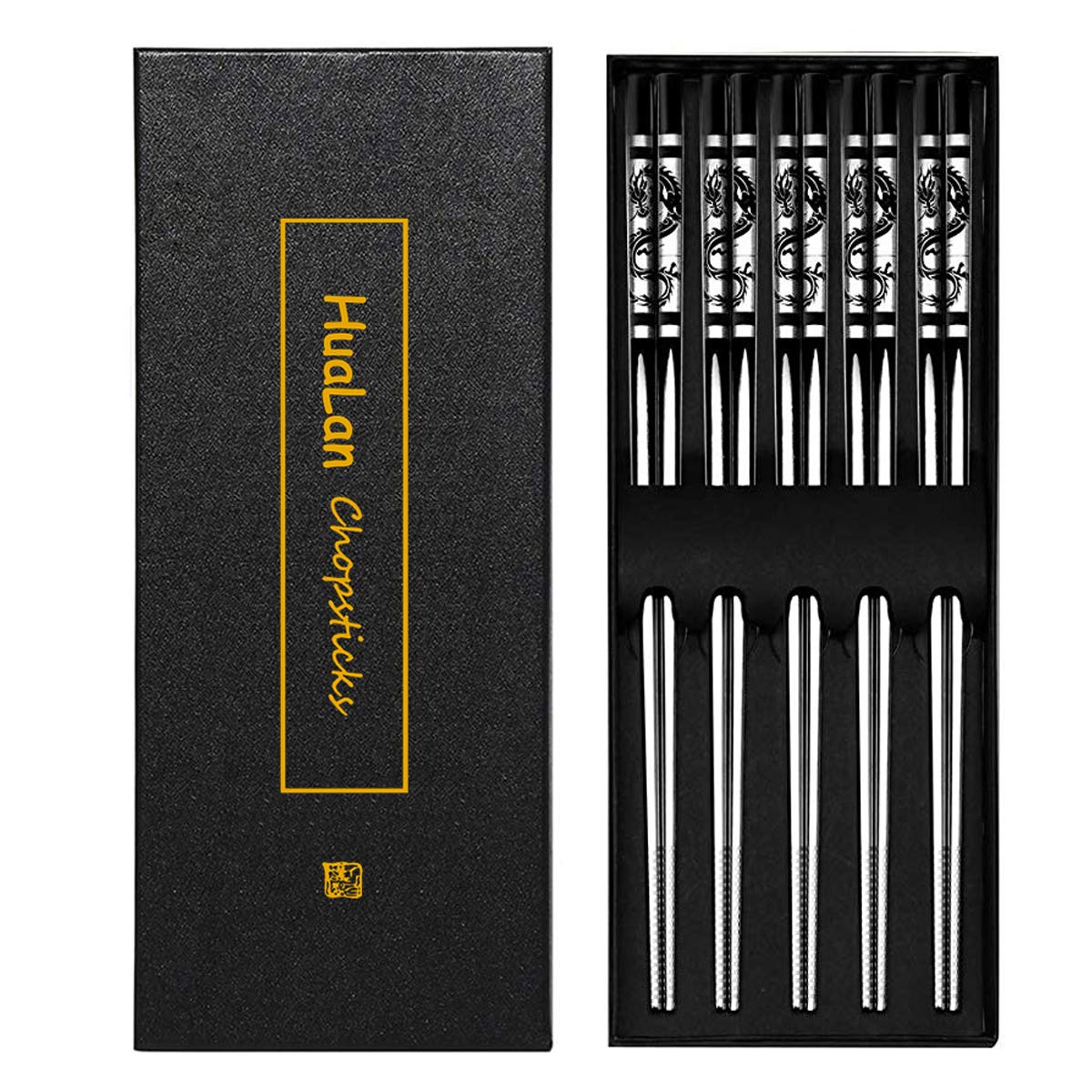 HuaLan Metal Alloy Chopsticks Stainless Steel Non-Slip Design Chopstick Dishwasher Safe Chop Sticks Laser Engraved Dragon Pattern 5 Pairs Gift Set