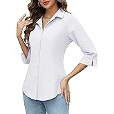 HOTOUCH Women Button Down Shirts 3/4 Sleeve Basic Business Dress Shirt Slim Fitted Classic V Neck Button Up Work Blouse Tops