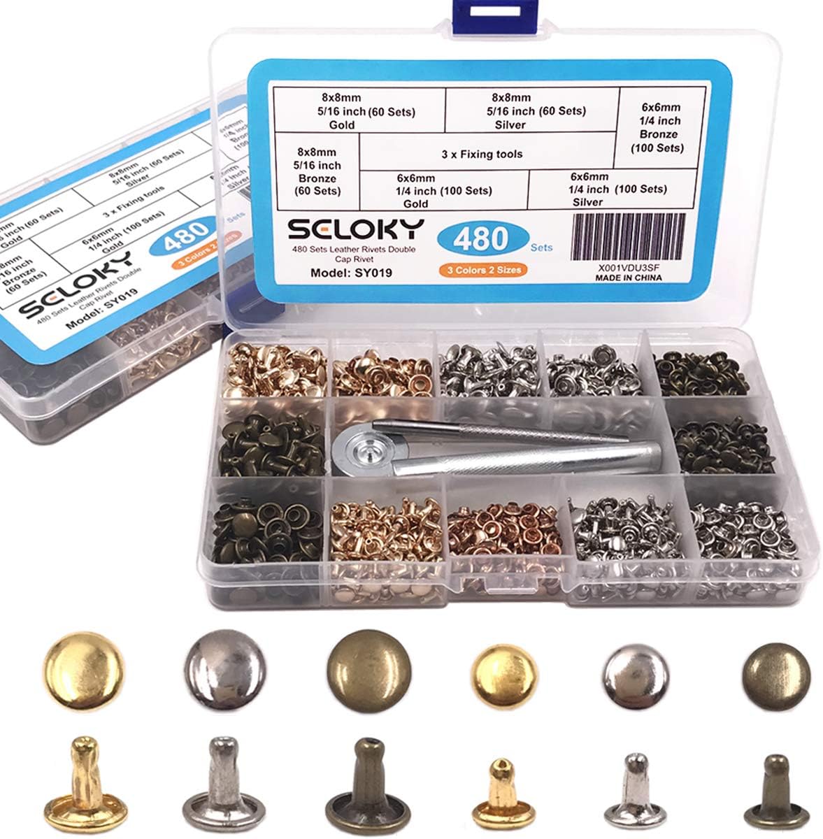 Seloky 480 Sets Leather Rivets Double Cap Rivet Tubular 3 Colors 2 Sizes Metal Studs with Fixing Tools for DIY Craft/Clothes/Shoes/Bags/Belts Repair and Decoration