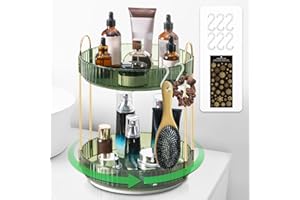 MEGAPUXIN 360° Rotating Makeup Organizer for Vanity,Lazy Susan Organizer Large Skincare Make Up Storage Perfume Organizers Cosmetic Dresser Organizer Countertop Organizer with Hooks DIY Stickers for Bathroom