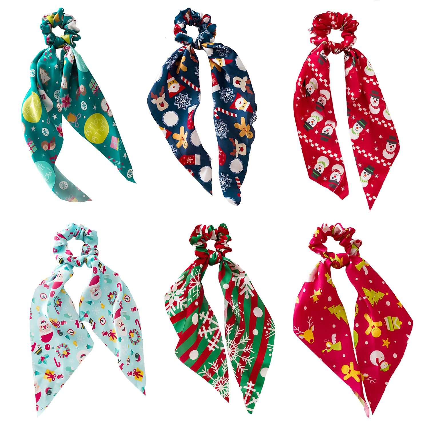 Miaija 6Pieces Christmas Hair Scarf Scrunchies Multicolored Elastic Hair Ties Ponytail Holder Fashion Bow Hair Ropes Scrunchy for Hair Accessories