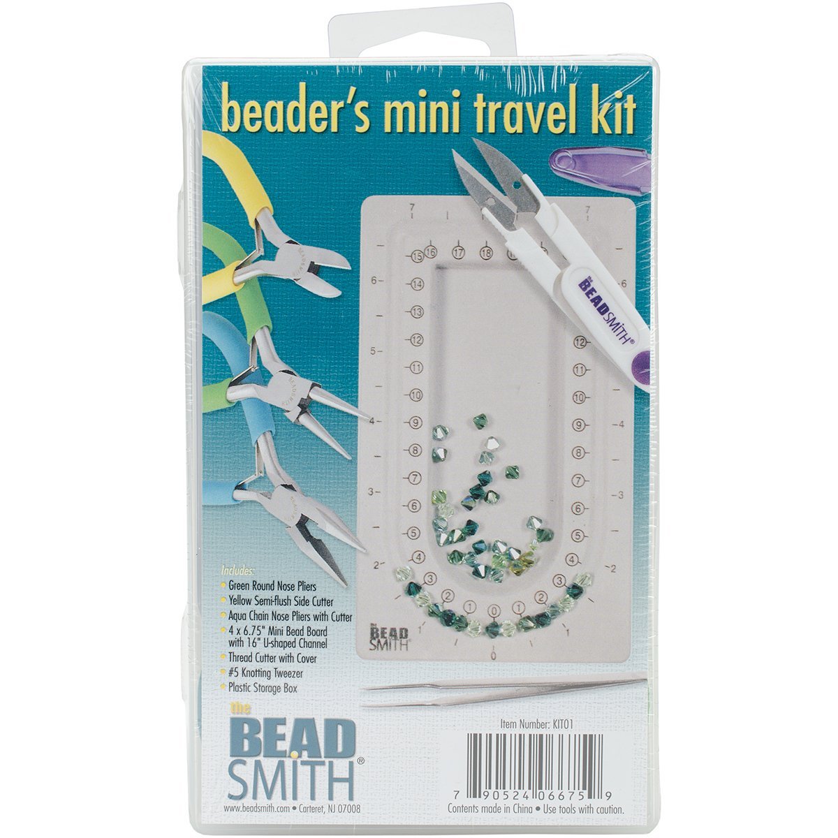The Beadsmith Beader’s Mini Travel Kit - Color-ID Set – Includes Bead Board, Side Cutter, Round Nose, Chain Nose, Thread Snippers, Tweezers and Storage Box – Tools for Jewelry Making
