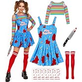 Varuotu 5Pcs Creepy Doll Costume Women Scary Killer Dress Halloween Props | 5-piece set，rainbow striped top, blue printed dress, scar stickers, stockings, plastic props, polyester，Halloween costume