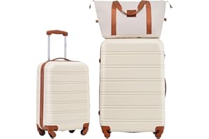 Merax Luggage Sets Carry on Suitcase Airline Approved,Hard Case Expandable Spinner Wheels, White and Brown, 3-Piece Set (20+28IN+Bag)