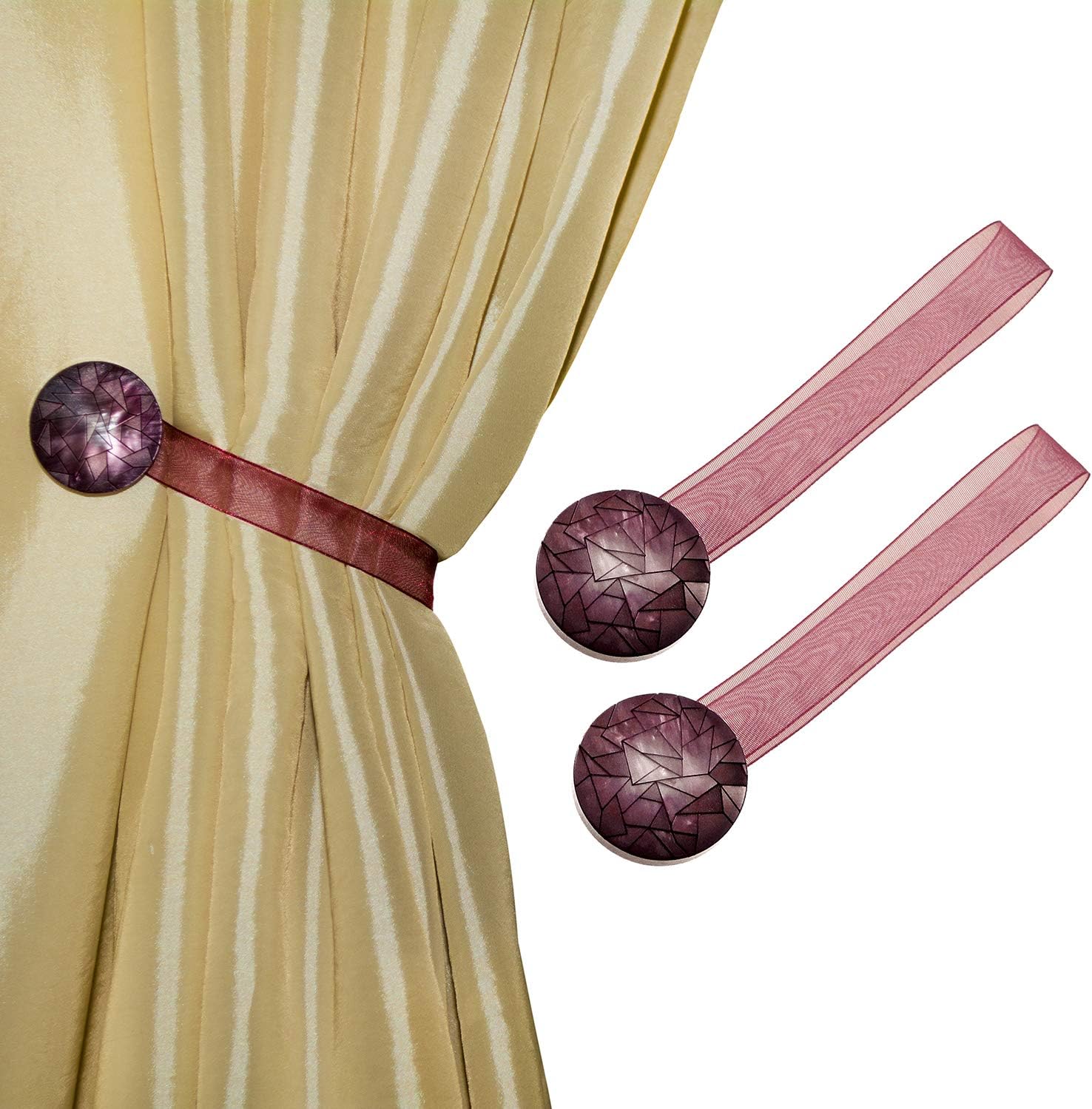 MagnaClips Curtain Tiebacks or Holdbacks, Curtain Clips - Magnetic Round Buckle, Set of 2, Diamond (Brugundy)