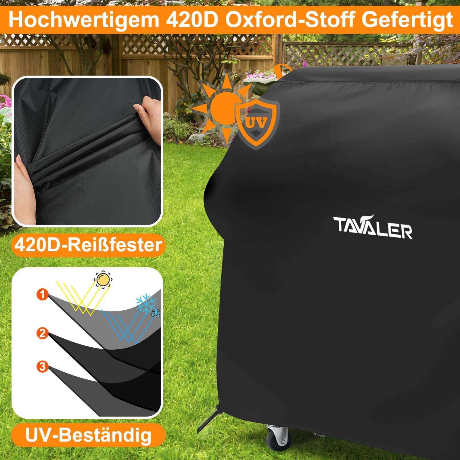 Tavaler Grillabdeckung Wetterfest-140x65x120 cm Grill Abdeckhaube 420D Oxford-Stoff Grillhaube Gasgrill Abdeckung Grill Schutzhülle für Weber, Enders, Char Broil Serie 3