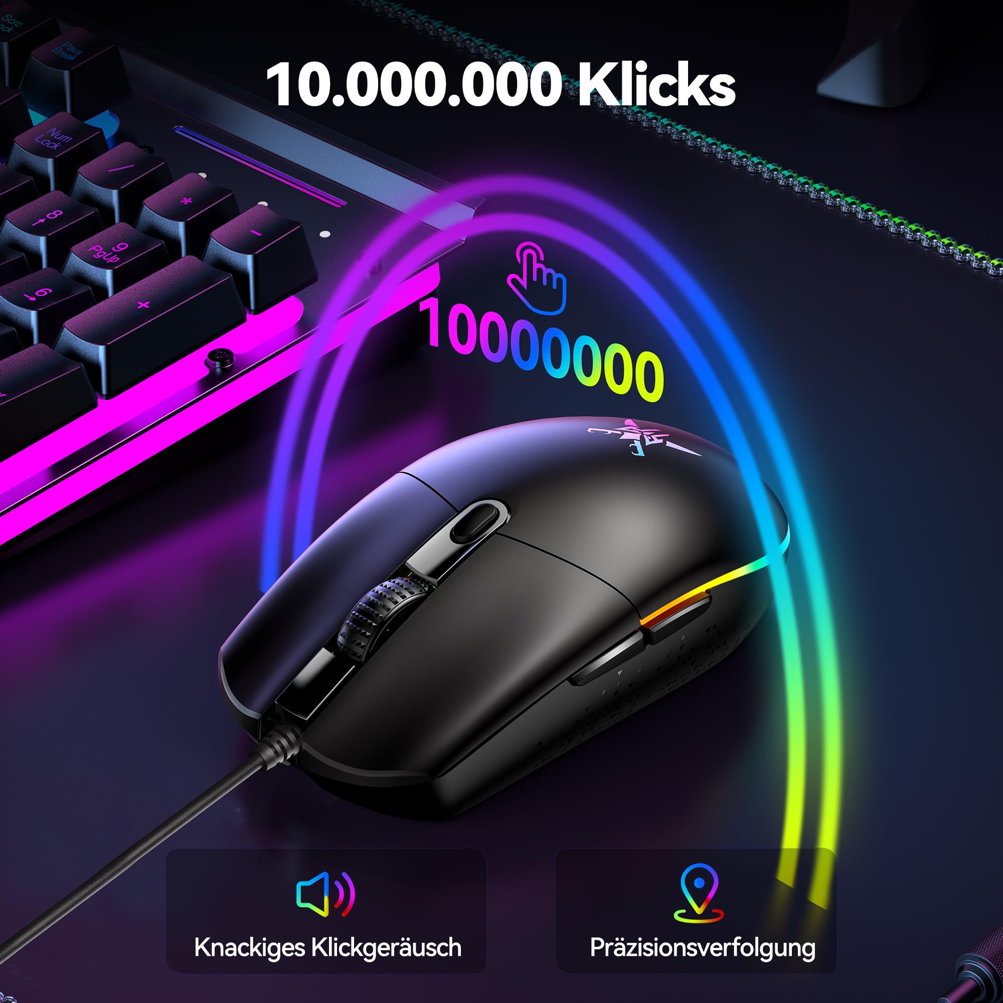 TECKNET RGB Gaming Maus Kabelgebundene, 10000 DPI, 6 programmierbaren Tasten, 10 Millionen Klicks Lebensdauer, Ergonomische USB Gaming Maus mit Kabel für PC Kohlenstoff-Schwarz 7