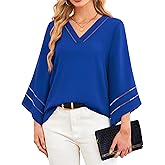 Lotusmile Women Fashion V Neck Chiffon Blouses 3/4 Bell Sleeve Shirts Casual Dressy Work Tops