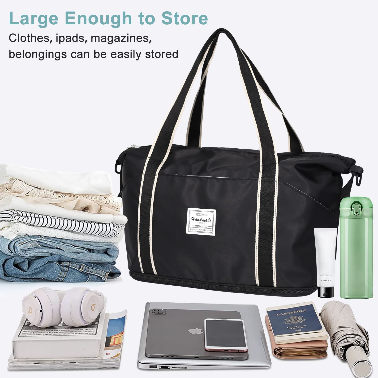 DMLuna Travel Duffel Bag, Tote Sports Gym Bag, Shoulder Overnight Weekender Bag for Women & Men, Hospital bag, Expandable Duffel Bag with Trolley Sleeve/Wet Pocket