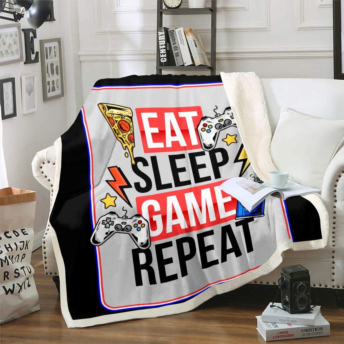 Loussiesd Gamepad Sherpa Throw Blanket Video Game Fleece Blanket for Sofa Couch Gamer Plush Blanket Pizza and Modern Game Controller Room Decor Double 60"x79" Blanket