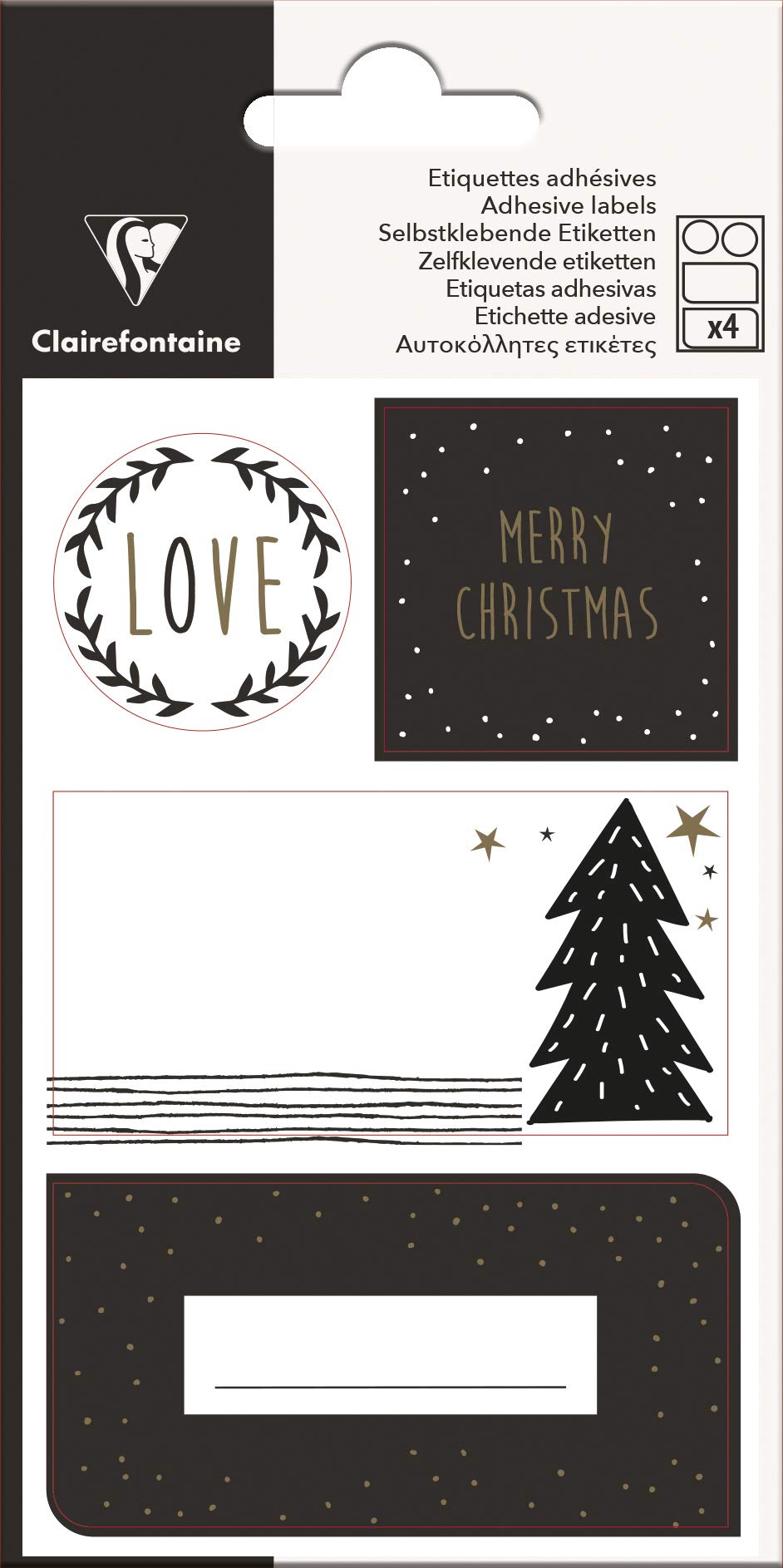 Clairefontaine Black & Gold Christmas Adhesive Labels, 12 x 7.5 cm, Pack of 4 sheets