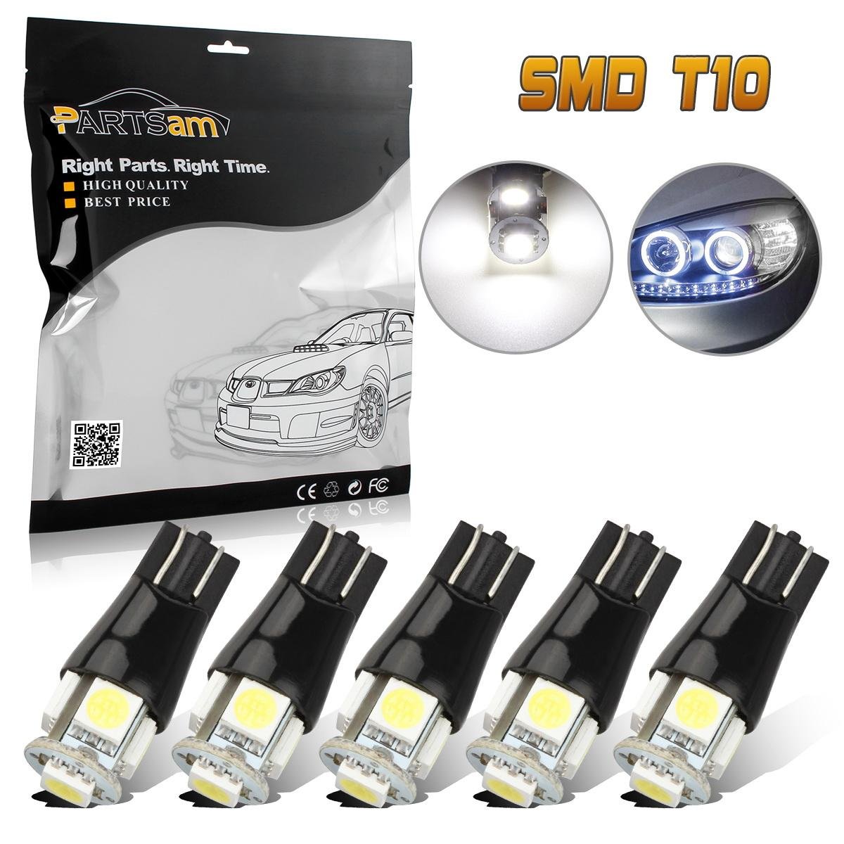 5xPartsam White Canbus Error Free Angel Eye T10 Bulbs Lamp With Excellent Heat Dissipation and Constant IC For DRL,Backup,Slide Lights,Fender Light,Dashboard Bulb,Door Lamp