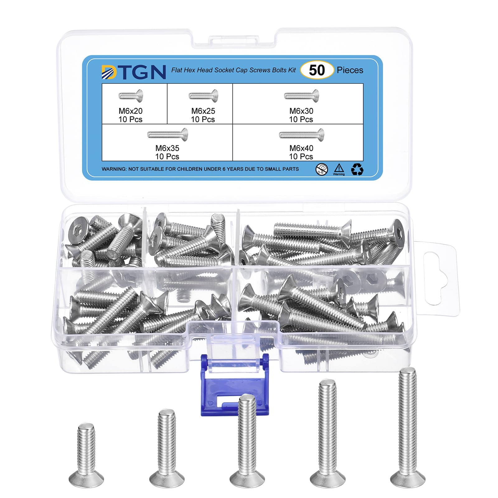 DTGN 50Pcs M6 x 20mm /25mm /30mm /35mm/ 40mm Flat Head Hex Socket Cap Screws Bolts Kit, 304 Stainless Steel, Full Thread, Countersunk Bolts