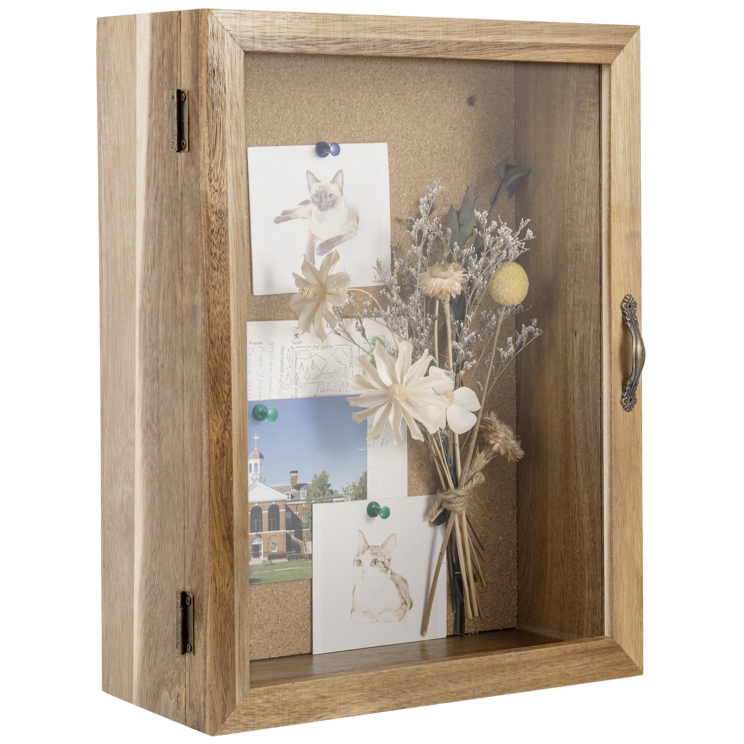 Photo 1 of MyGift 11x14 Natural Solid Acacia Wood Shadow Box with Cork Board Backing, Wall Mounted Display Case with Clear Acrylic Front Window Panel, Metal Handle and Latch