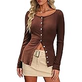 AGECODE Womens Ribbed Knit Button Up T-Shirts Long Sleeve Tie Back Y2K Going Out Tops Blouses Dressy Casual