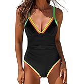 popvil One Piece Swimsuit Women 2025 Neon Color Block Contrast Cross Strap Bathing Suit Modest Cute Swim Suits