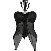 MakeMeChic Women's Mesh Halter Tops Metal Seashell Ruched Backless Ruffle Y2k Going Out Top