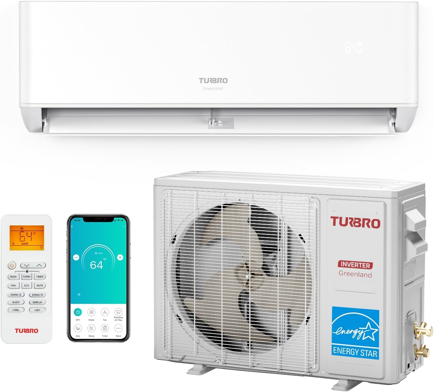 Photo 1 of (outdoor unit only) TURBRO 9,000 BTU Ductless Mini Split Inverter AC with Heat Pump, 24 SEER2, 230V, Energy Star, WiFi-Enabled, Cools up to 450 Sq.Ft?R454B, Greenland Series