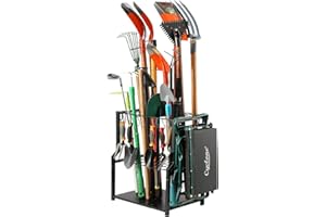 YueTong Garden Tool Organizer Heavy Duty,Yard Tool Tower Rack,Garage Storage Organization for Long Handle Tools,Rake,Brooms,Extra Hooks for Small Shovel,Shear.All Metal,Free Standing.