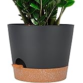 SwinDuck 12inch Large Self Watering Plant Pot, Plastic Cylinder Planter with 60Oz Deep Reservoir and Saucer for Indoor Outdoor Plants Flowers Houseplants, Black with Brown