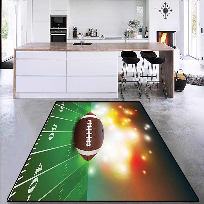 Sports, Floor Mat for Kids, American Football Ball with Golden Properties on Grass Turf Field Team Art Graphic, Area Rug Boys Room 6' x 7' Brown Green