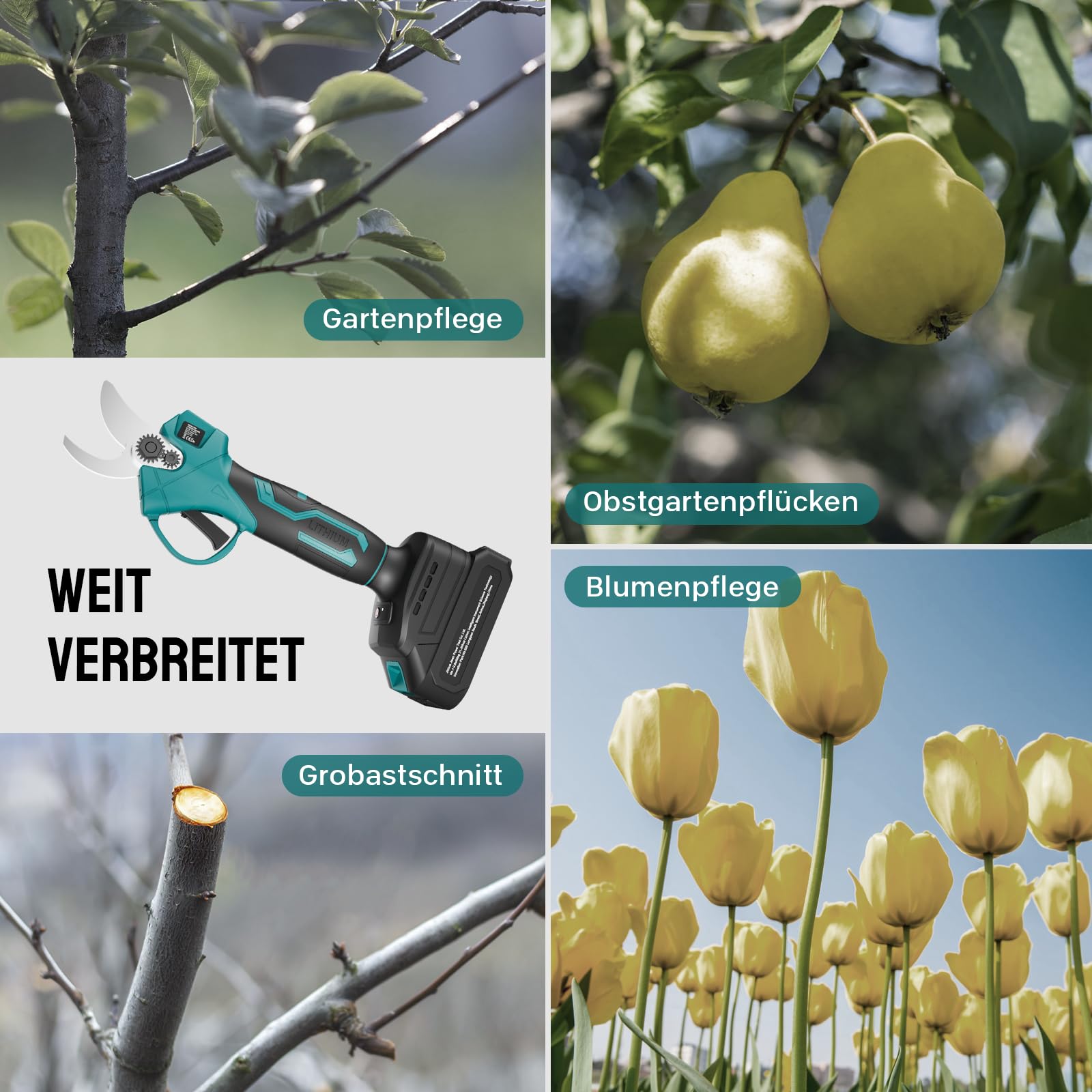 Akku Astschere Geevorks 20V Elektrische Gartenscheremit Tragetasche, 2×2.0 Ah Akku und Ladegerät, Sicherheitsschalter, Softgrip Schnittdurchmesser 15-30 mm mit 2* Klingen 7